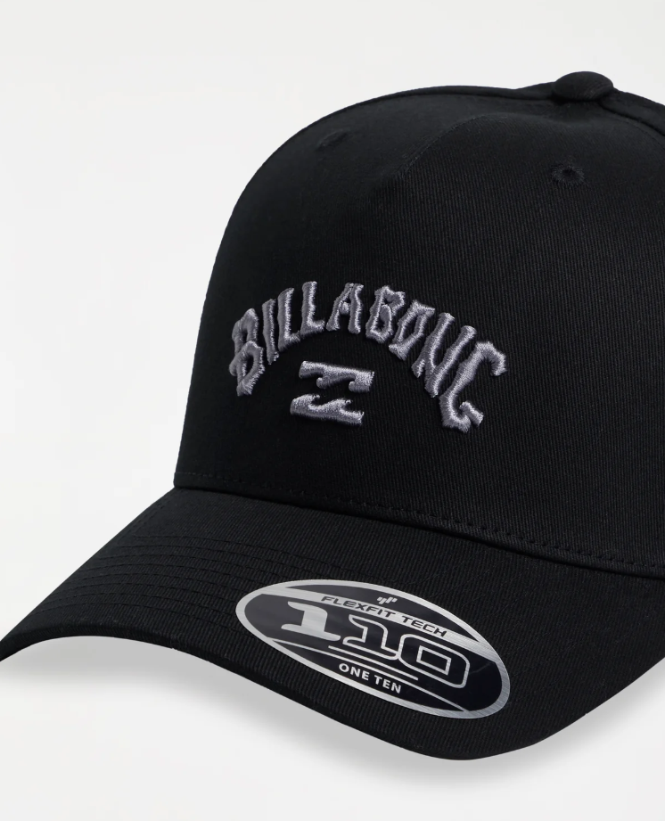 Billabong Arch Flexfit 110 Snapback Cap in black with grey embroidery on front close up