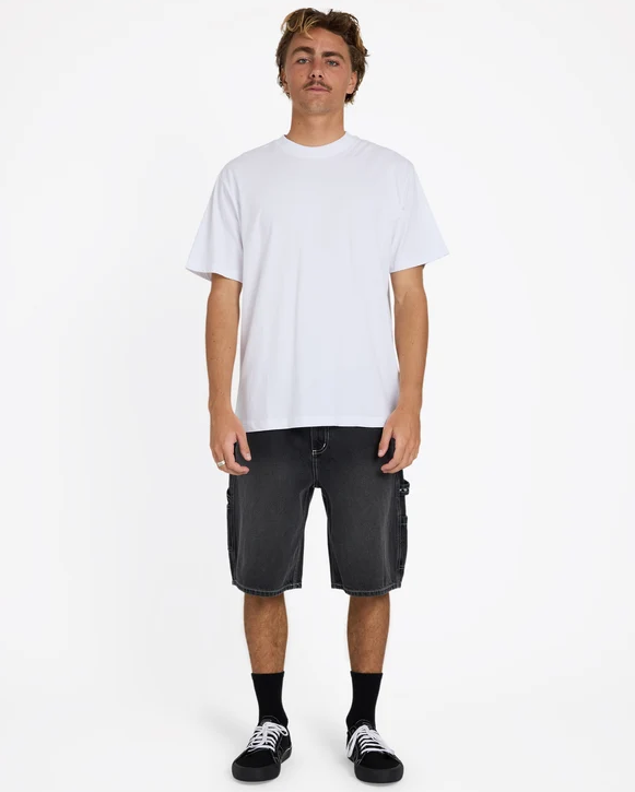 Billabong Bad Dog 21" Mens Denim Shorts in washed black colourway on model in white t-shirt from the front