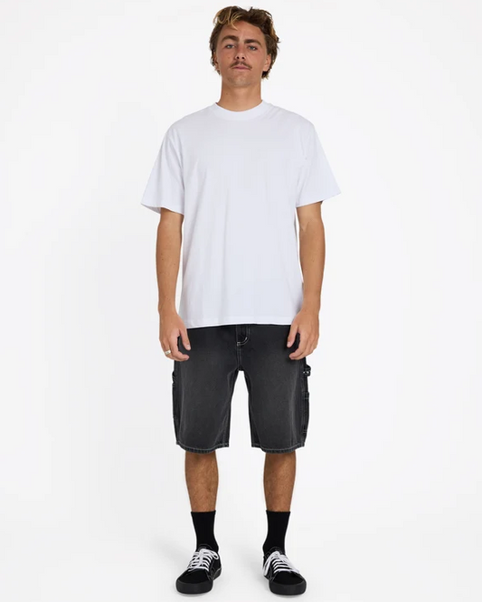 Billabong Bad Dog 21" Mens Denim Shorts in washed black colourway on model in white t-shirt from the front