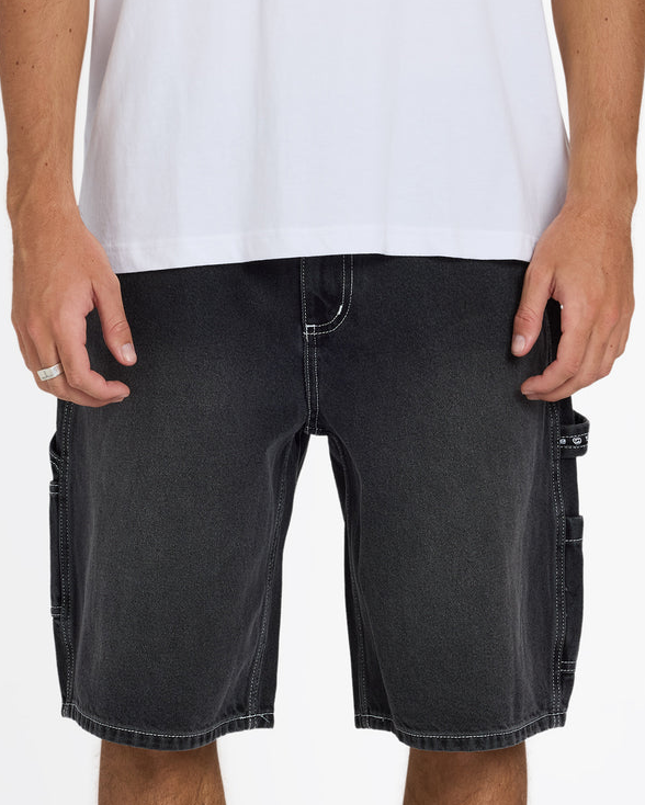 Billabong Bad Dog 21" Mens Denim Shorts in washed black colourway from front close up