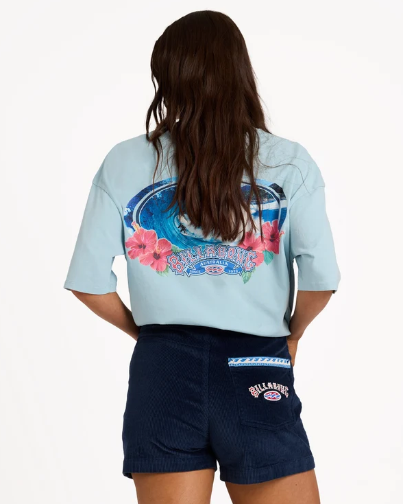 Billabong Good Era Corduroy Shorts in dark blue from rear on model in light blue Billabong tee