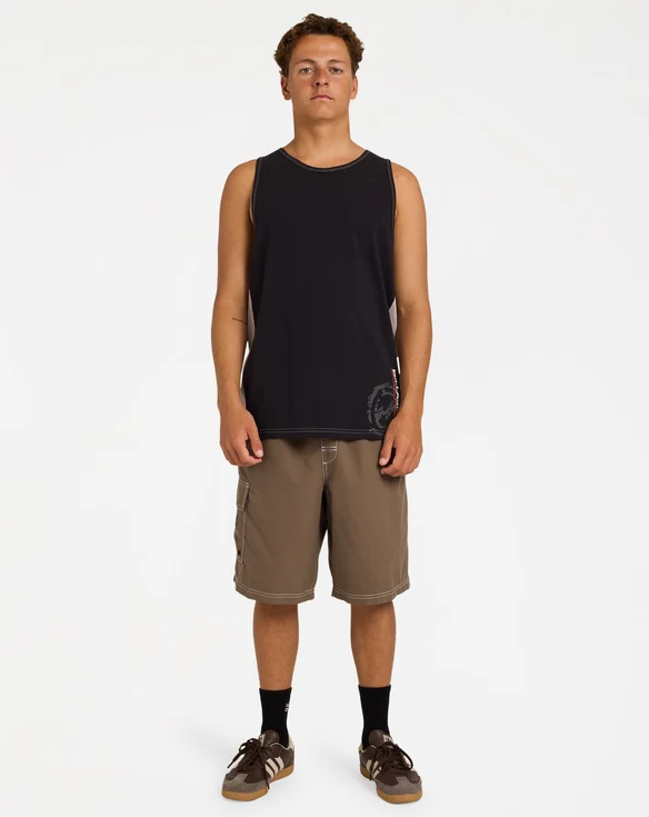 Billabong Spec 73 Blast Tank Top in black on model from the front full length