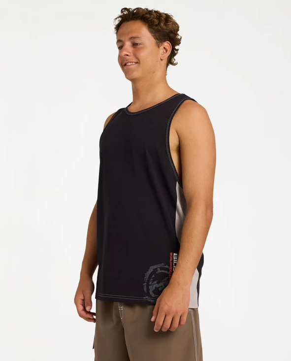 Billabong Spec 73 Blast Tank Top in black on model from the side