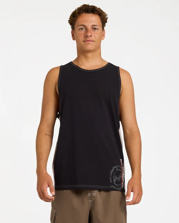 Billabong Spec 73 Blast Tank Top in black on model from the front