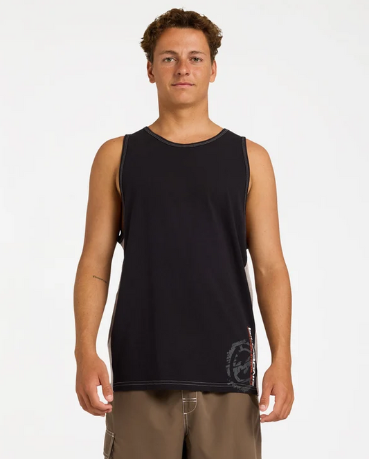 Billabong Spec 73 Blast Tank Top in black on model from the front