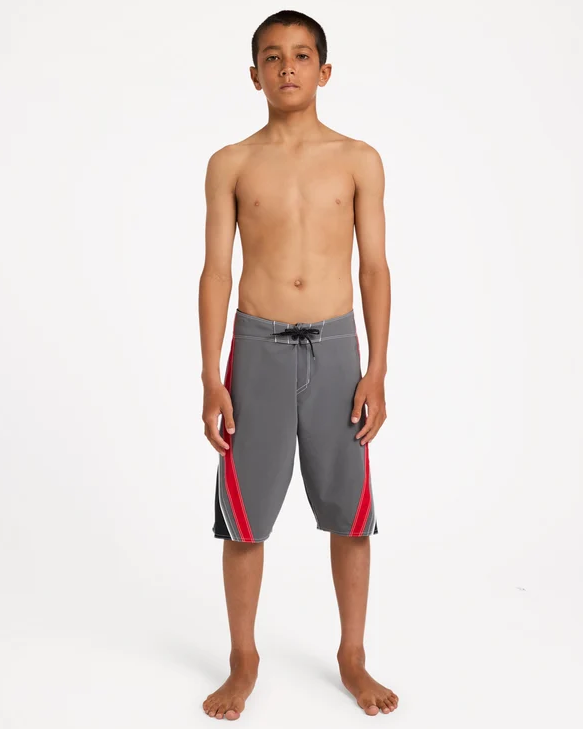 Billabong Boys Fluid 2K 19" Boardshorts in grey with red and black detail on model from the front