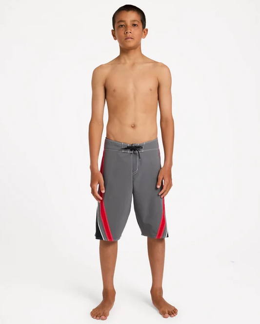 Billabong Boys Fluid 2K 19" Boardshorts in grey with red and black detail on model from the front