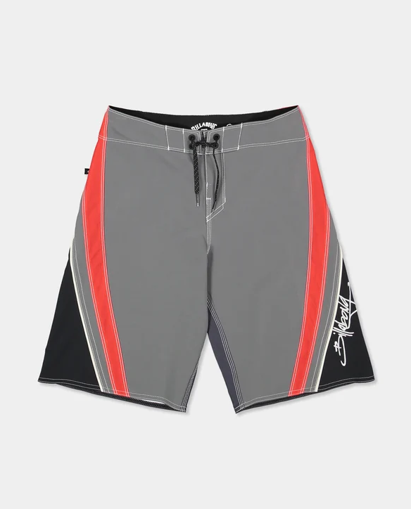 Billabong Boys Fluid 2K 19" Boardshorts in grey with red and black detail on model from the front flatlay