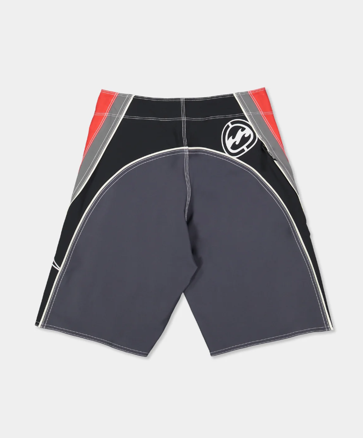 Billabong Boys Fluid 2K 19" Boardshorts in grey with red and black detail on model from the back flatlay