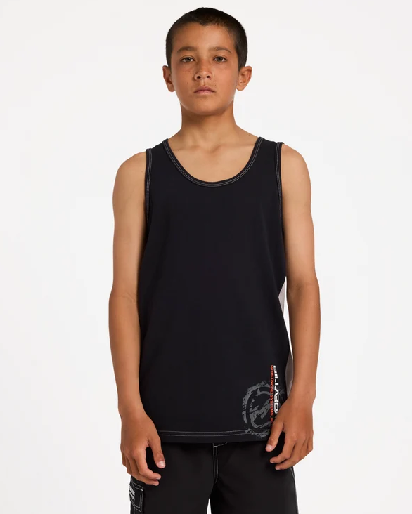 Billabong Boys Spec Blast Tank Top
 in black on model from the front close up