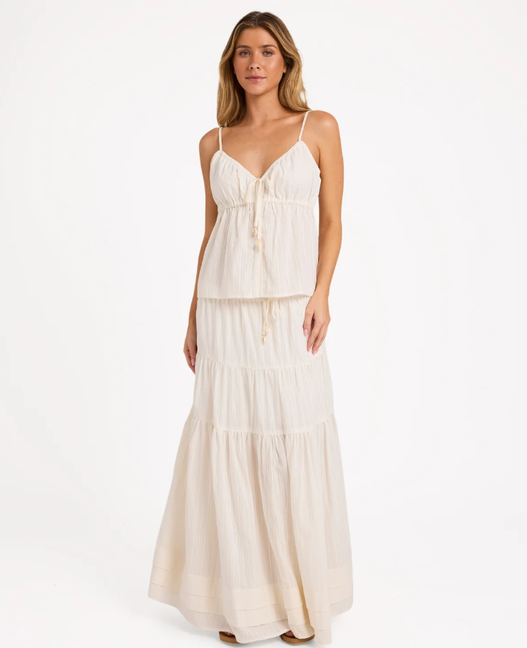 Billabong Till Dawn Camisole Top in salt crystal colourway on model in white skirt