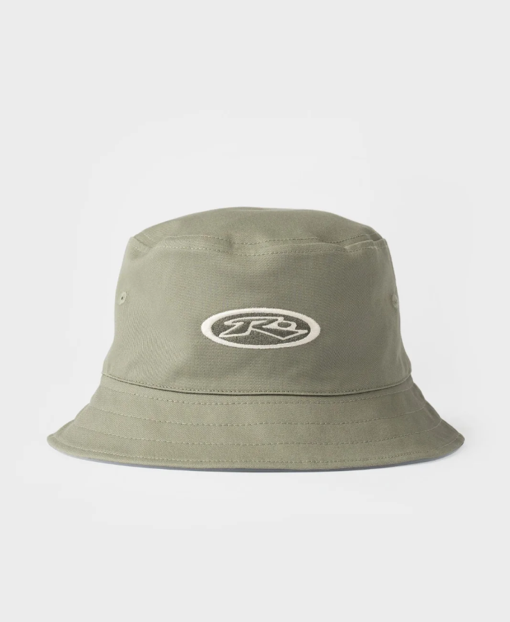 Rusty Kick Flip Reversible Bucket Hat in abbey stone from the front with embroidered R dot Rusty logo