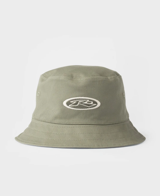 Rusty Kick Flip Reversible Bucket Hat in abbey stone from the front with embroidered R dot Rusty logo