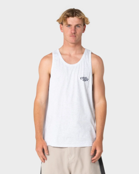 Rusty Smacko Tank Top in ecru marle on model from the front in long walkshorts close up