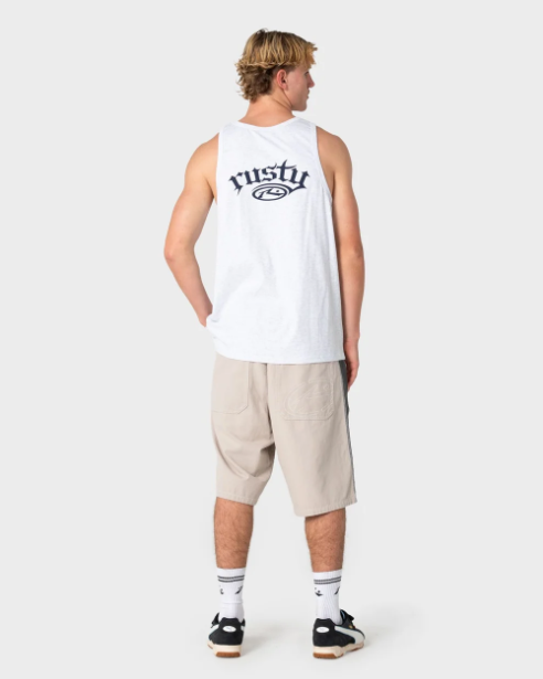 Rusty Smacko Tank Top in ecru marle on model from the rear in long walkshorts