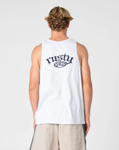 Rusty Smacko Tank Top in ecru marle on model from the rear in long walkshorts close up