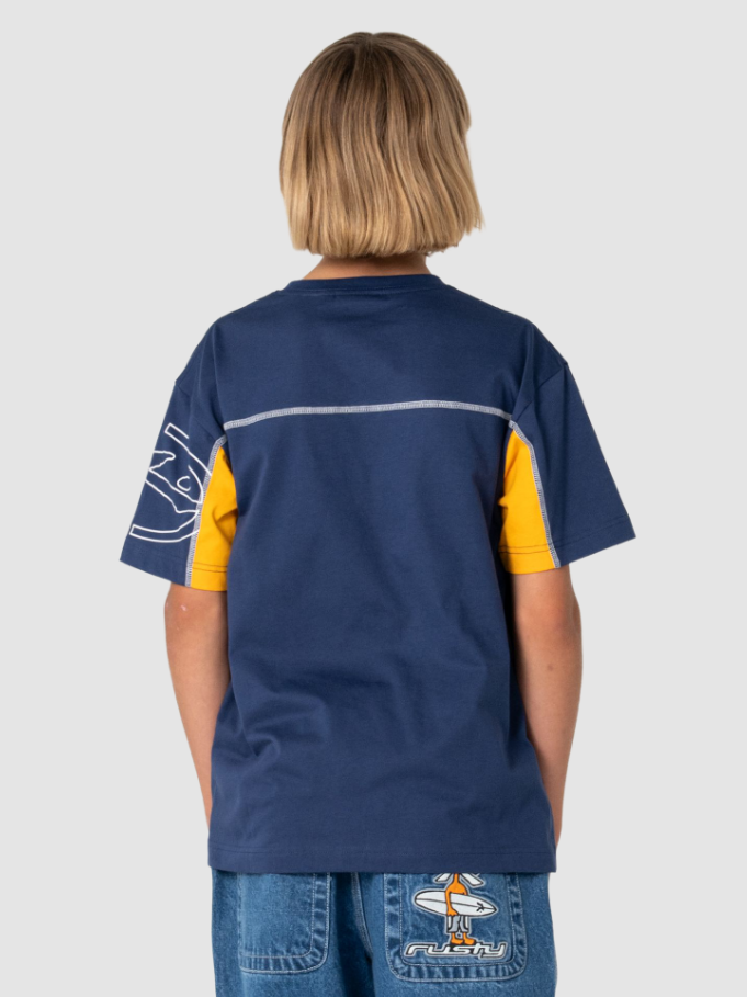 Rusty Boys Cyber Short Sleeve Tee in navy on boy in blue jeans from the back