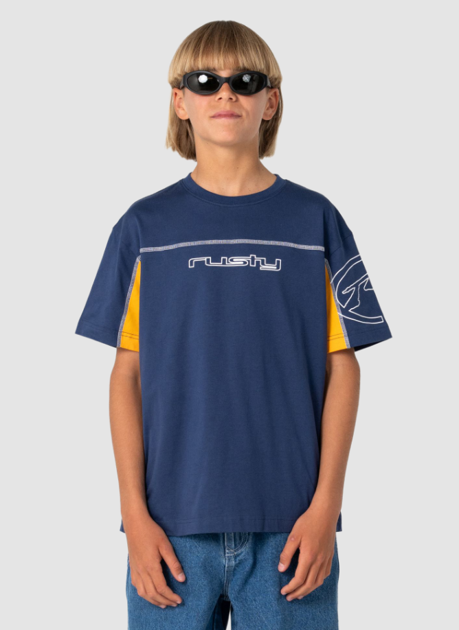 Rusty Boys Cyber Short Sleeve Tee in navy on boy in blue jeans from the front close up