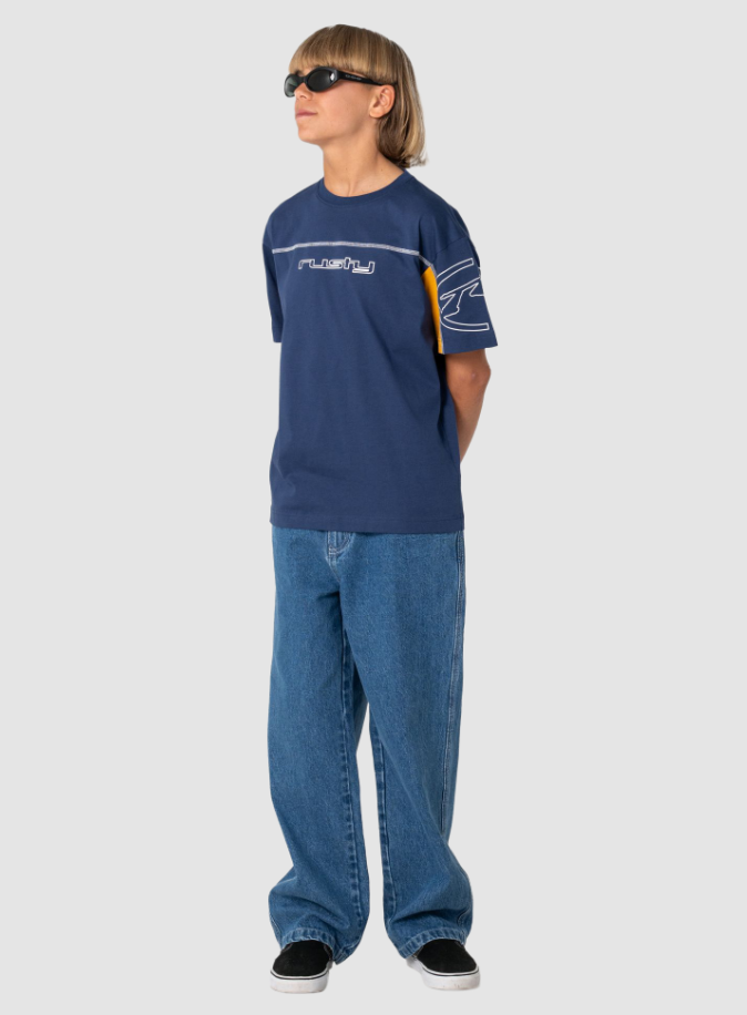 Rusty Boys Cyber Short Sleeve Tee in navy on boy in blue jeans from the front