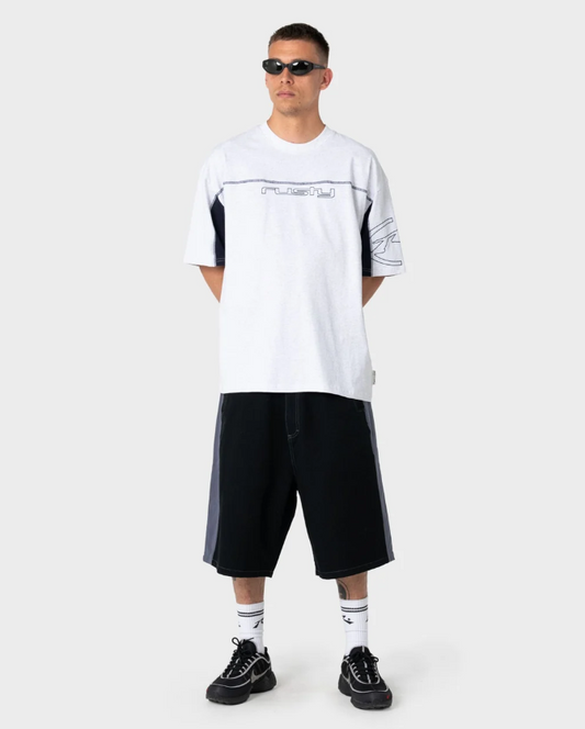 Rusty Cyber Wave Men's T-Shirt in ecru marle on model from the front in black walkshorts