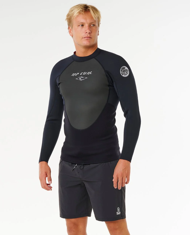 Rip Curl Omega 1.5mm Long Sleeve Wetsuit Top in black on Korbin Hutchings from the front