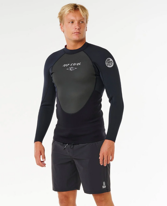 Rip Curl Omega 1.5mm Long Sleeve Wetsuit Top in black on Korbin Hutchings from the front