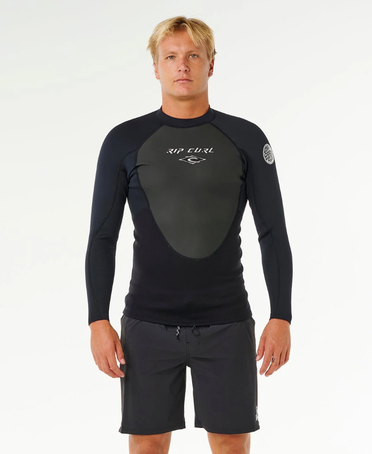 Rip Curl Omega 1.5mm Long Sleeve Wetsuit Top in black on Korbin Hutchings from the front