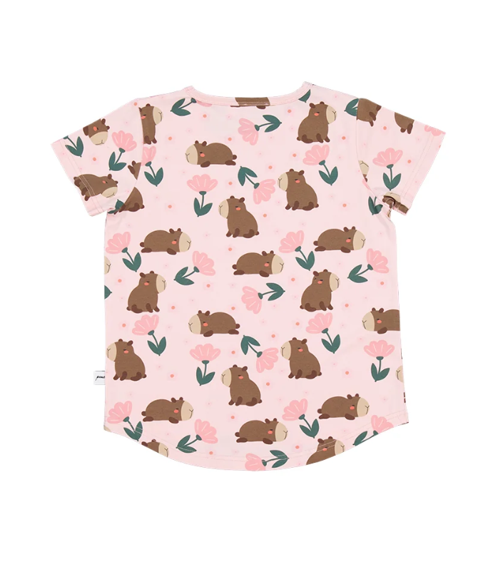 Kissed By Radicool Floral Capybaras Girls Tee in pink from the back