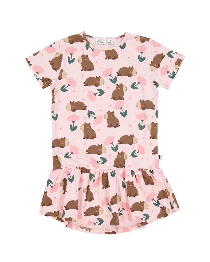 Kissed By Radicool Floral Capybaras Frill Dress in pink from the front