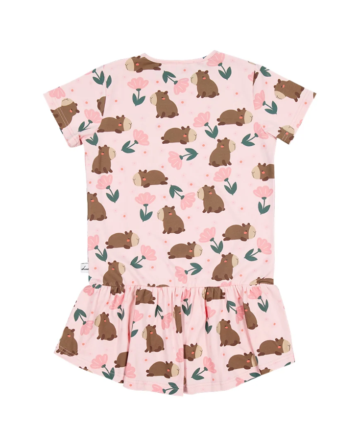 Kissed By Radicool Floral Capybaras Frill Dress in pink from the back