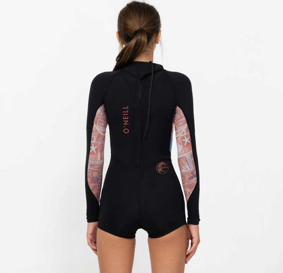 O'Neill Girls 2mm Bahia Mid Long Sleeve Wetsuit in black with tangerine coloured panels from back