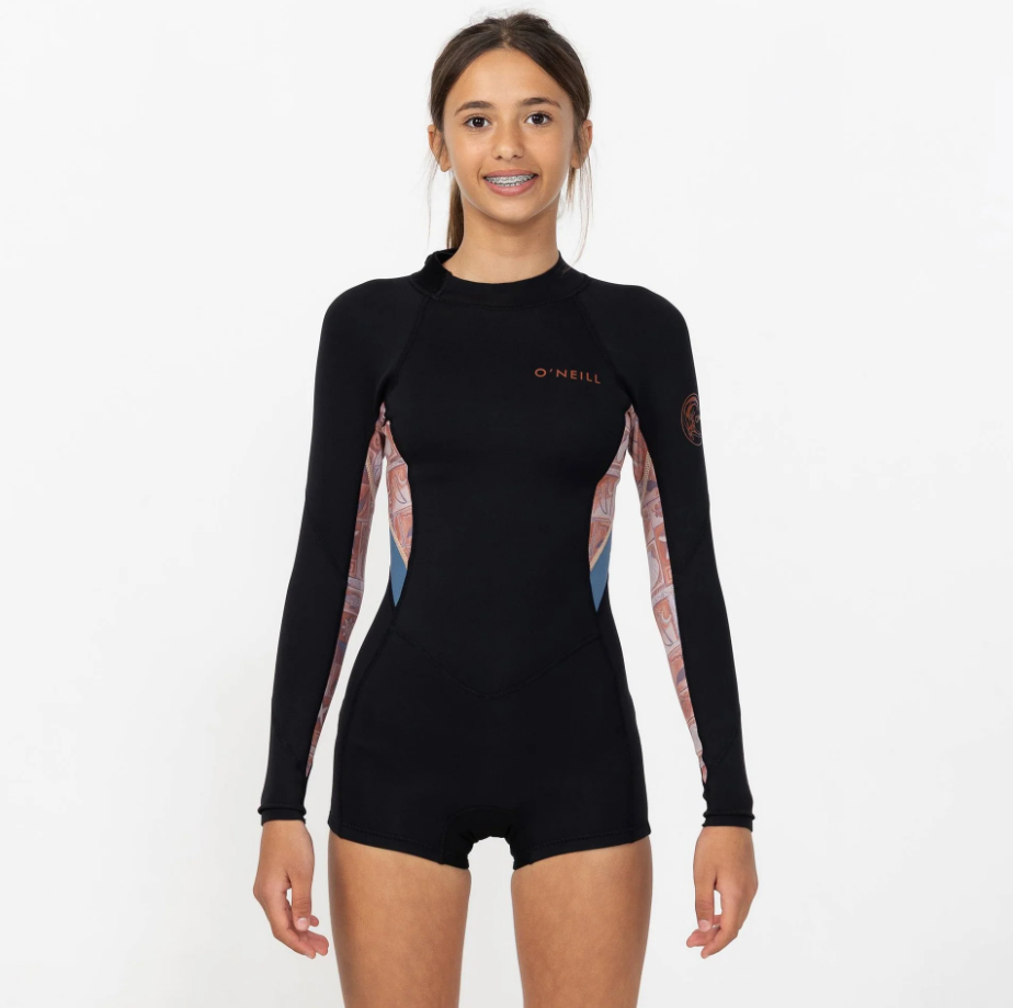 O'Neill Girls 2mm Bahia Mid Long Sleeve Wetsuit in black with tangerine coloured panels from front