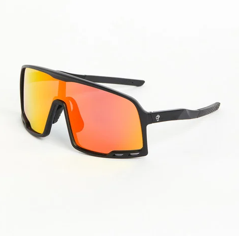CHPO Brand Henrik Sunglasses in matte black with red and orange mirrored lens from the side