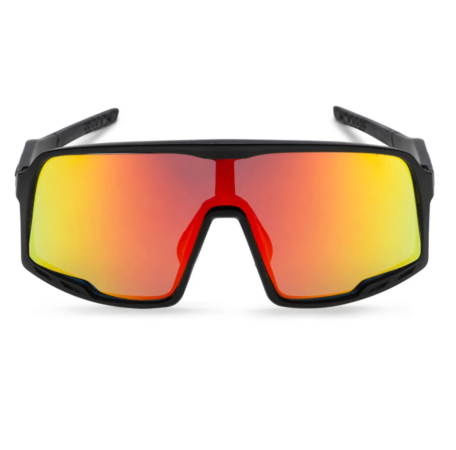 CHPO Brand Henrik Sunglasses in matte black with red and orange mirrored lens from the front
