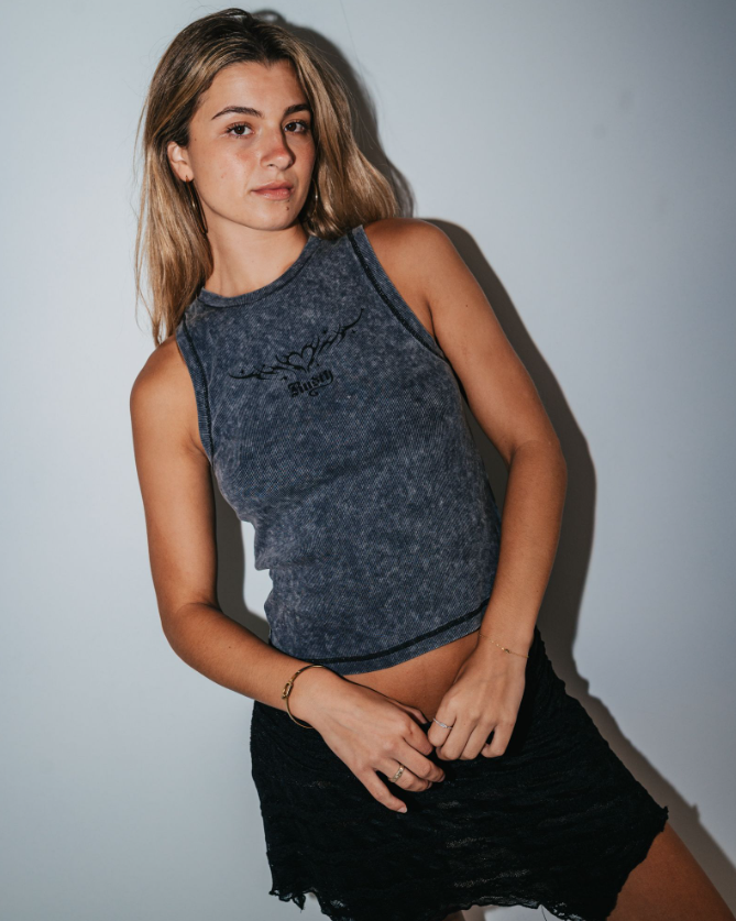 Rusty Mortys Womens Fitted Tank in acid steel on blonde woman