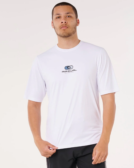 Rip Curl Icons Of Surfite UPF Men's Short Sleeve Rash Tee in white on model from front