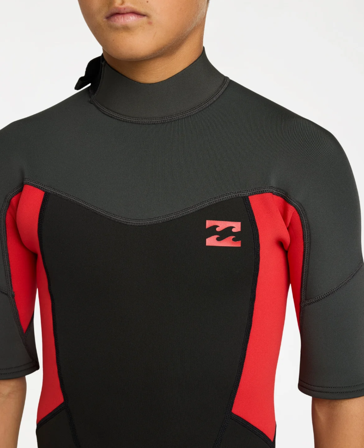 BIllabong Absolute 2mm Boys Spring Wetsuit in black with grey and red from the front close up