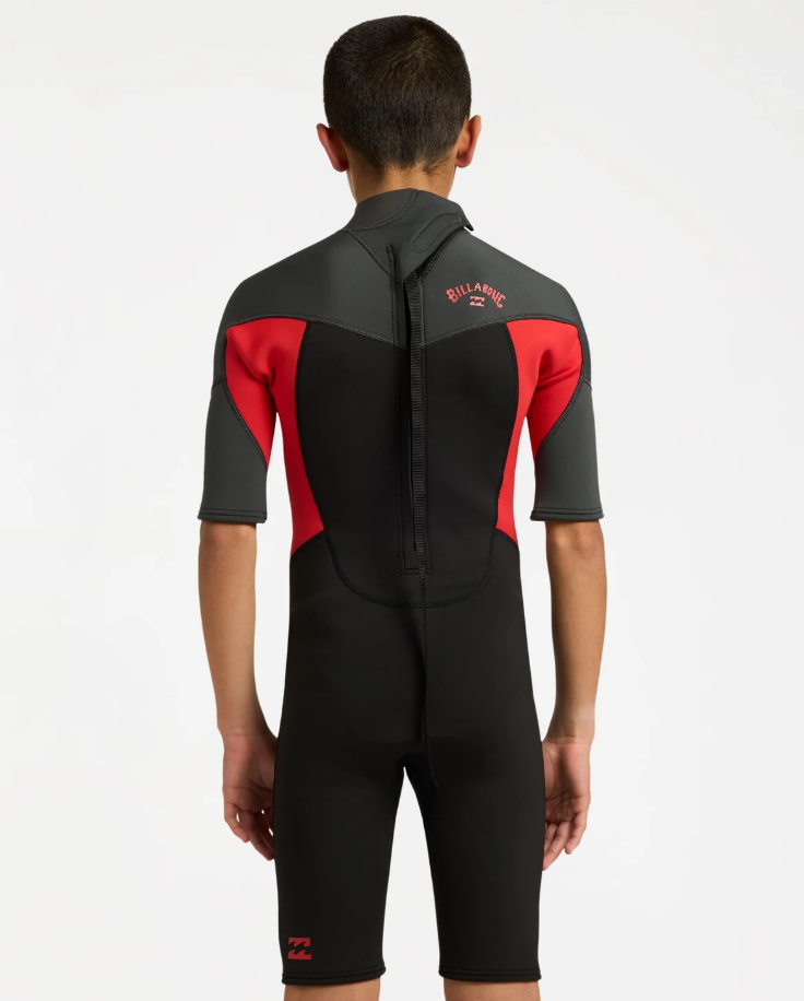 BIllabong Absolute 2mm Boys Spring Wetsuit in black with grey and red from the back