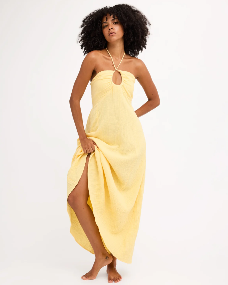 Billabong Sway Away Maxi Dress in yellow on model from the front
