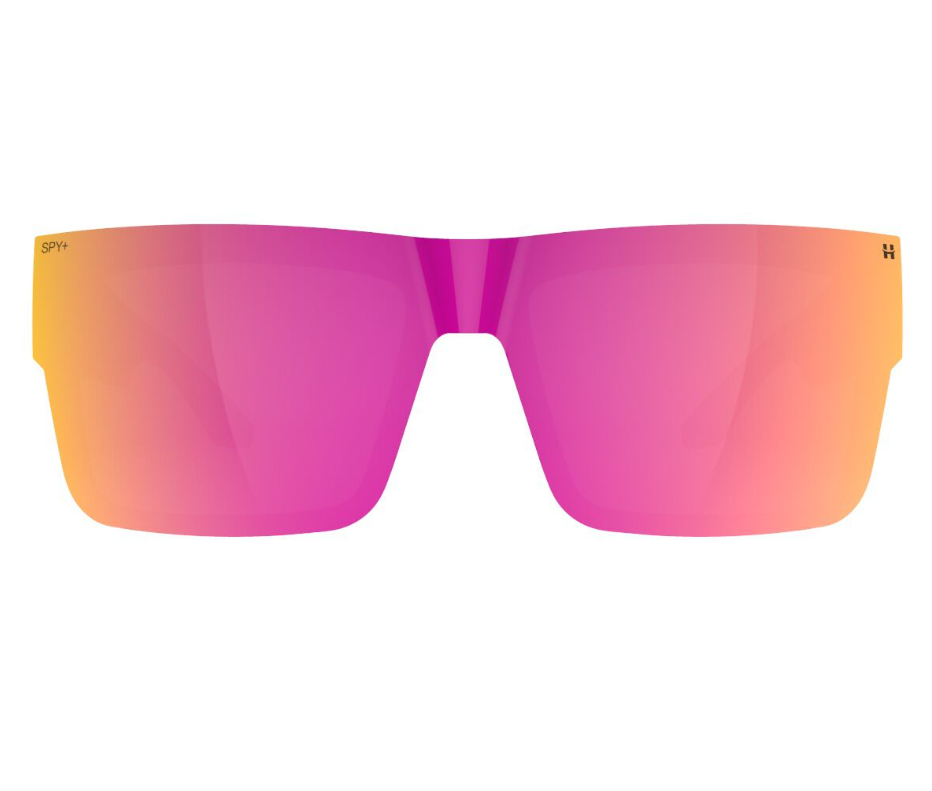 Spy Cyrus Switch Matte Black frames with Happy Grey Green Pink Mirror Lens Sunglasses showing the pink shield lens