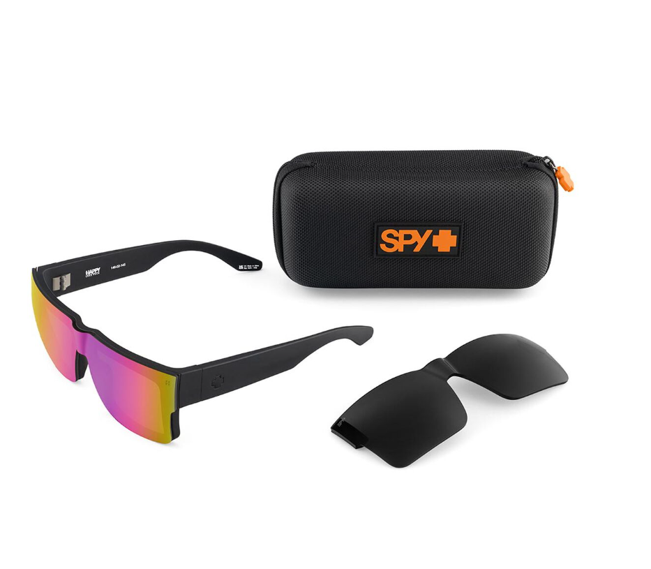 Spy Cyrus Switch Matte Black frames with Happy Grey Green Pink Mirror Lens Sunglasses showing the sunglasses, spare black lens and case
