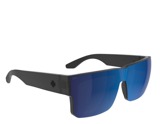 Spy Cyrus Switch Trans Gunmetal frame with Happy Blue Mirror Sunglasses from front right side angle