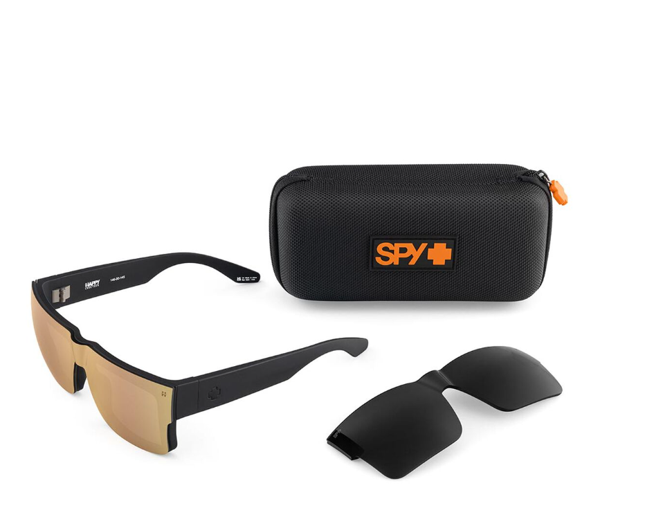 Spy Cyrus Switch Matte Black lens with Happy Bronze Gold Mirror Sunglasses showing the main pair, the case and the spare black switch lens
