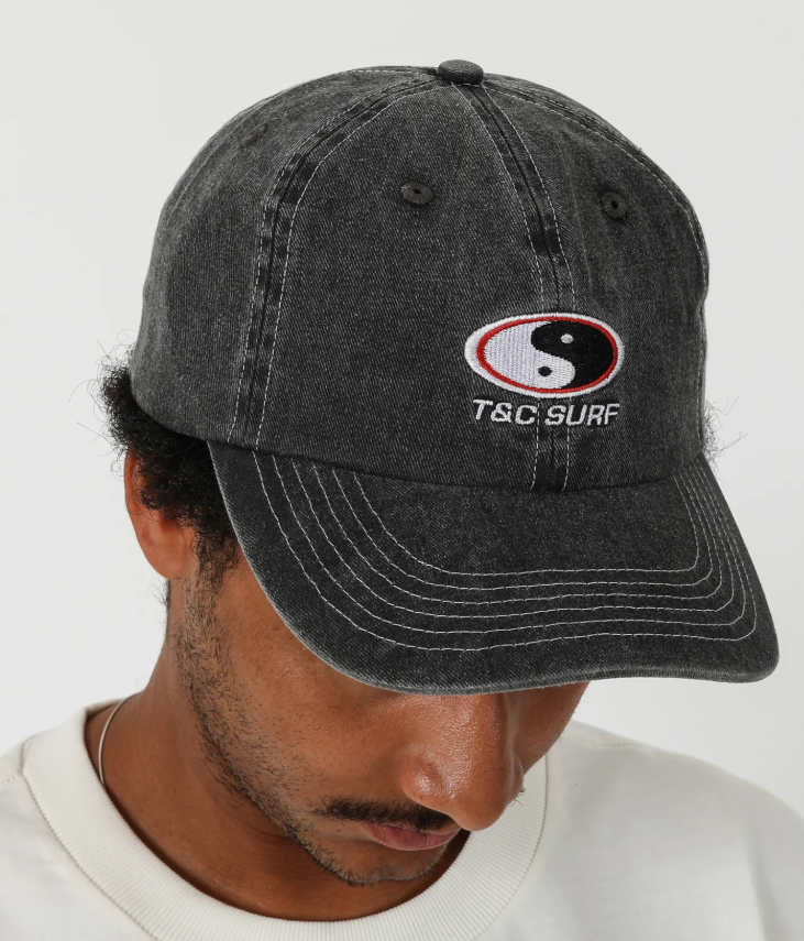 T&C Dazed Dad Cap in washed black on male model front 