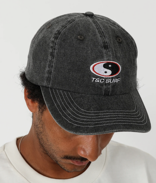 T&C Dazed Dad Cap in washed black on male model front 