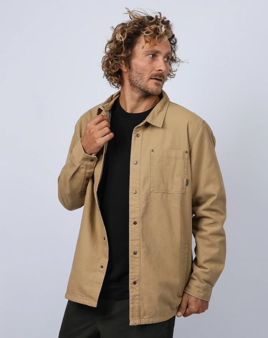 T&C Kauai Canvas Jacket in kahki on male model front
