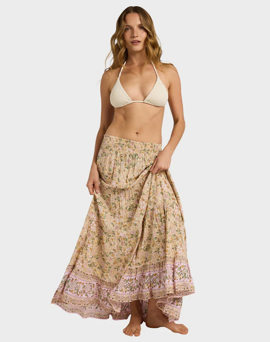 Roxy Garland Radiant Sun Skirt in color stone on lady front