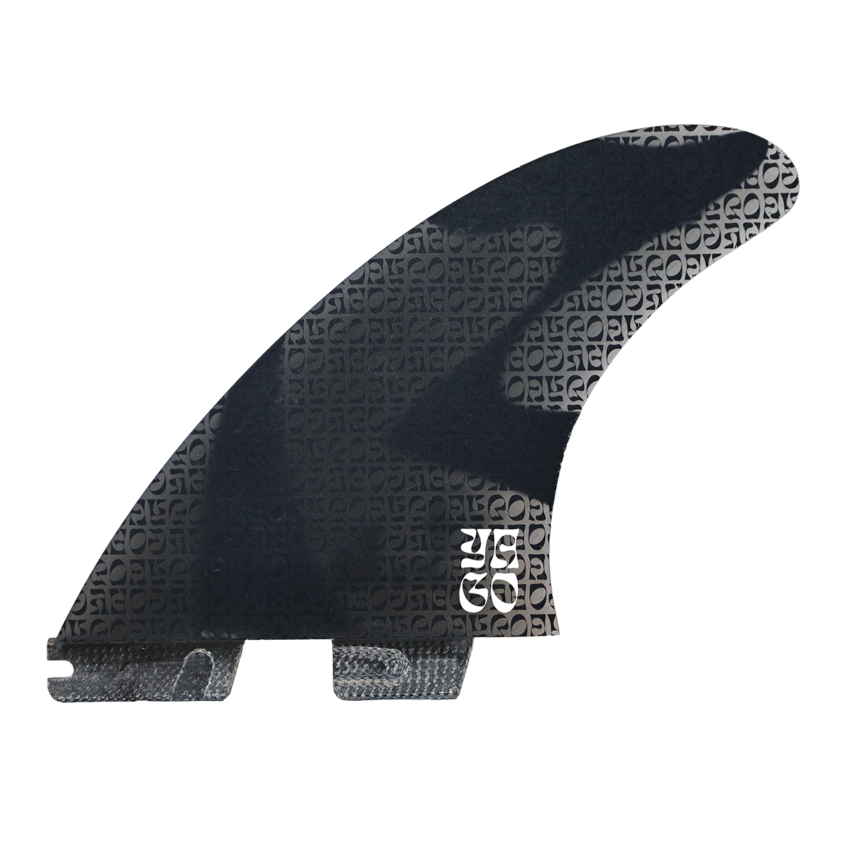 FCS 2 Yago Dora Performance Glass PG Tri Fin Set - medium in smoke colourway showing inside of front fin