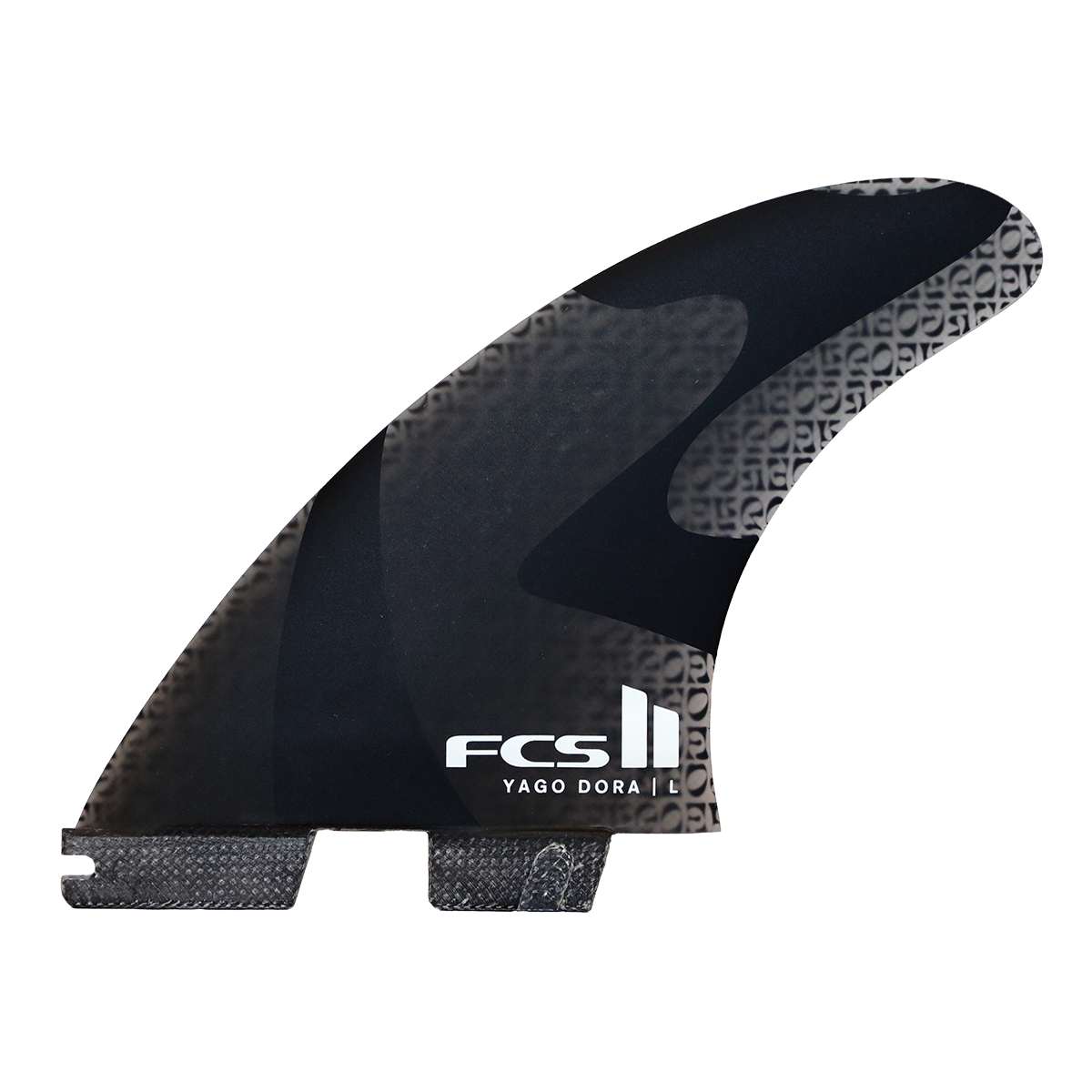 FCS 2 Yago Dora Performance Glass PG Tri Fin Set - medium in smoke colourway showing front fin