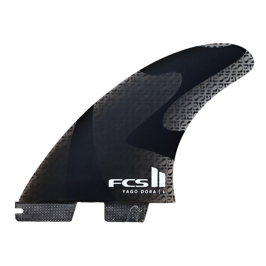 FCS 2 Yago Dora Performance Glass PG Tri Fin Set - medium in smoke colourway showing front fin
